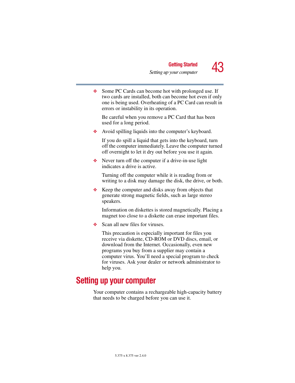 Setting up your computer | Toshiba Satellite 2415 Series User Manual | Page 43 / 279