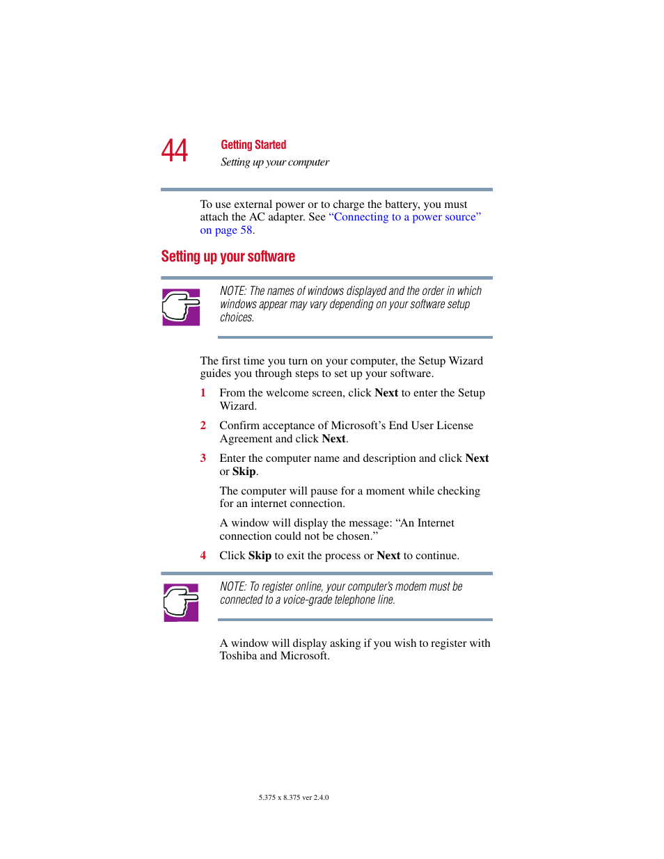 Setting up your software | Toshiba Satellite 2415 Series User Manual | Page 44 / 279