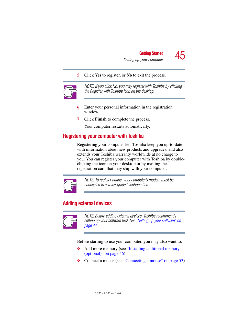 Registering your computer with toshiba, Adding external devices | Toshiba Satellite 2415 Series User Manual | Page 45 / 279