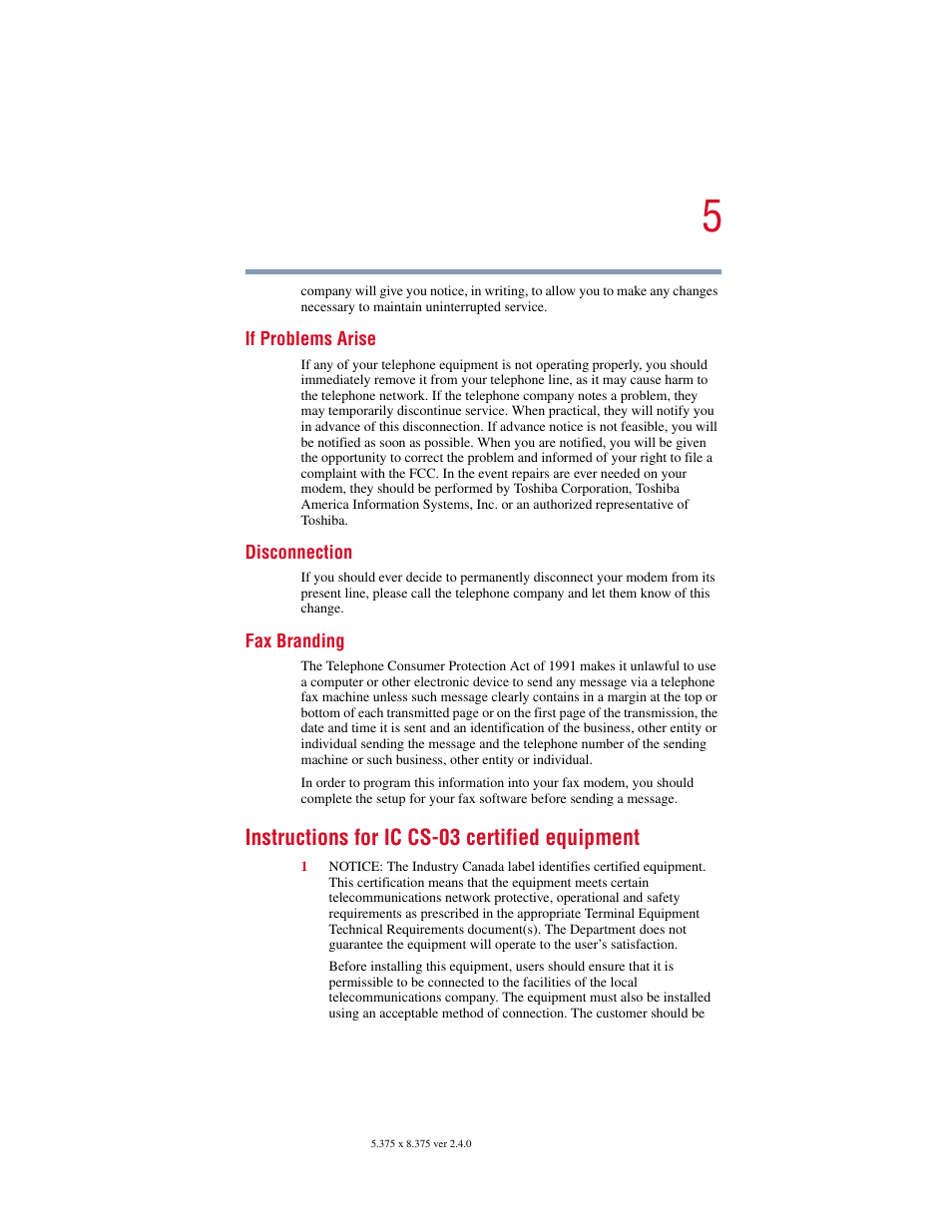 Instructions for ic cs-03 certified equipment | Toshiba Satellite 2415 Series User Manual | Page 5 / 279