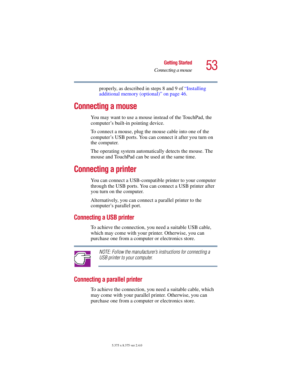 Connecting a mouse, Connecting a printer, Connecting a usb printer | Connecting a parallel printer, Connecting a mouse connecting a printer, Connect a local printer (see, Connecting a printer” on | Toshiba Satellite 2415 Series User Manual | Page 53 / 279