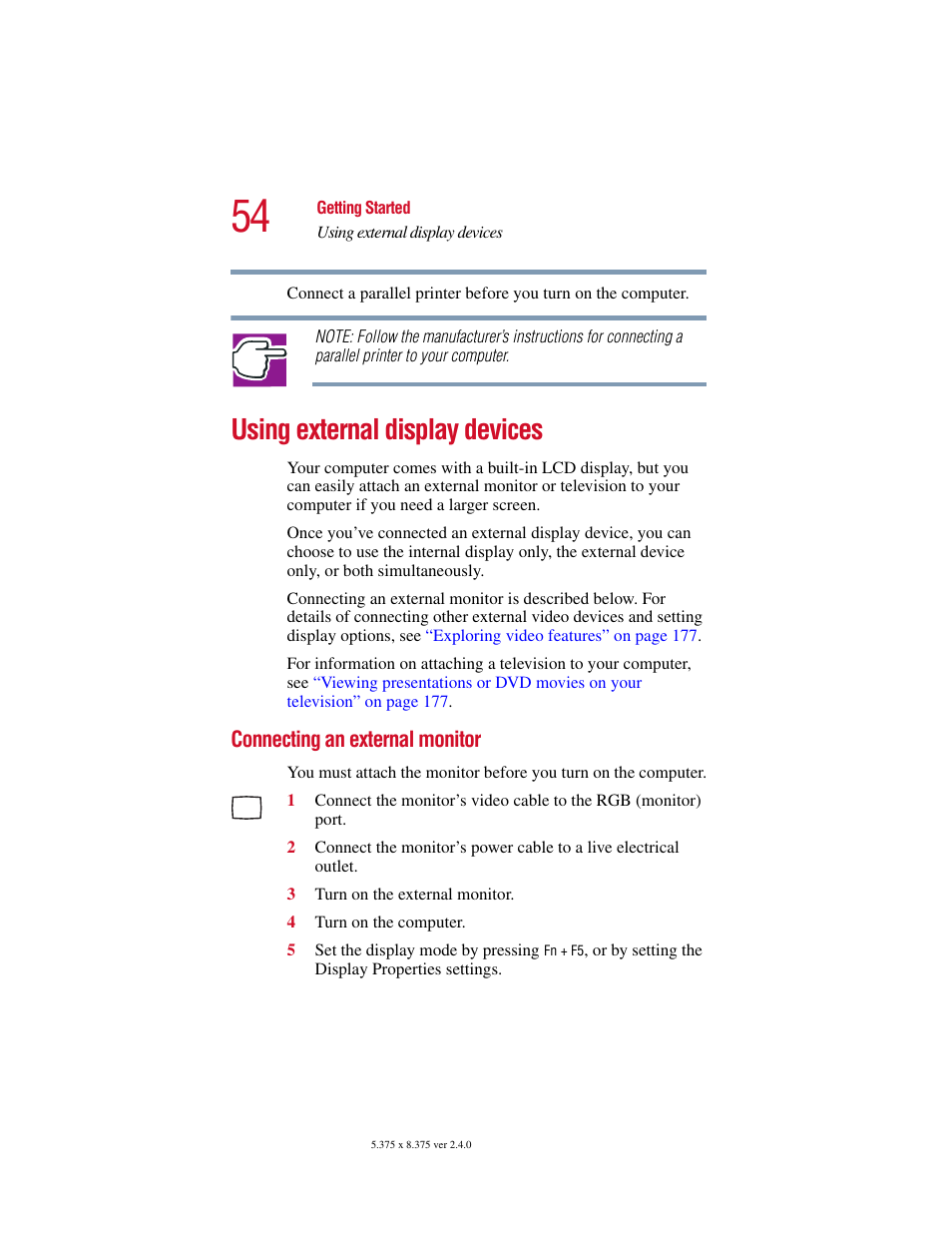Using external display devices, Connecting an external monitor, Using external display | Toshiba Satellite 2415 Series User Manual | Page 54 / 279