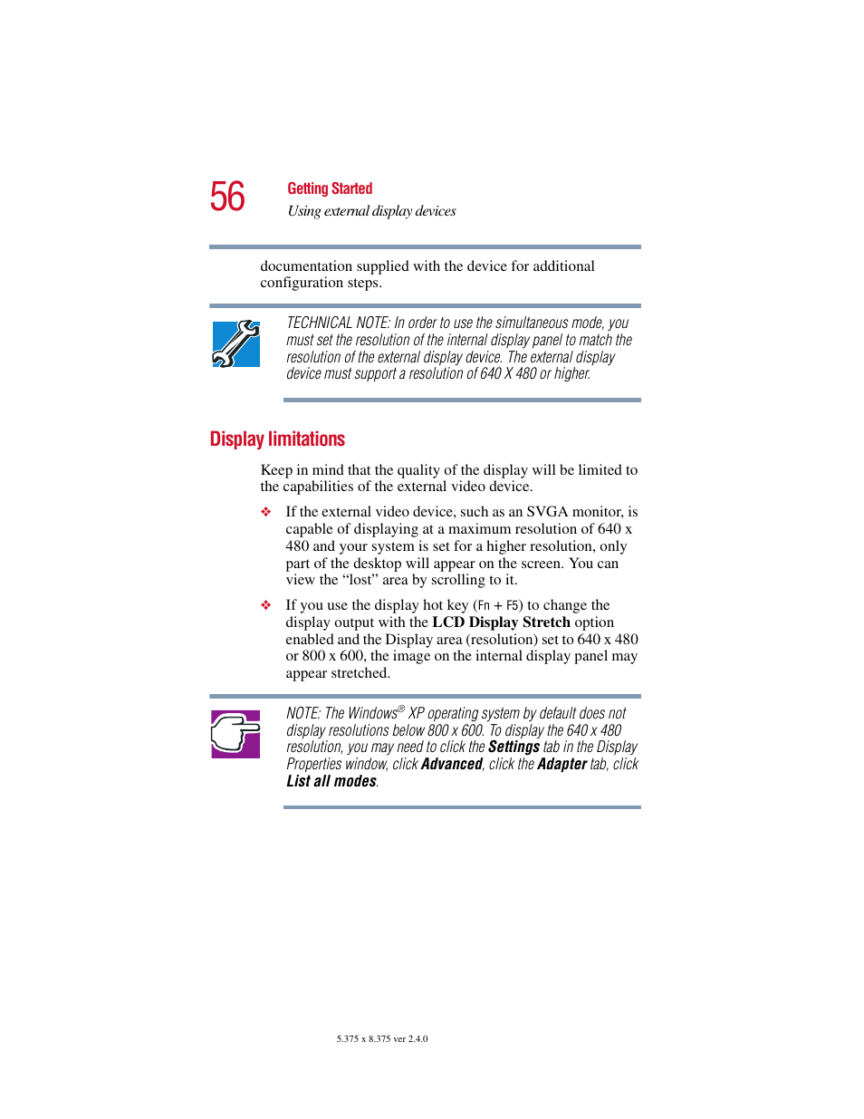 Display limitations | Toshiba Satellite 2415 Series User Manual | Page 56 / 279