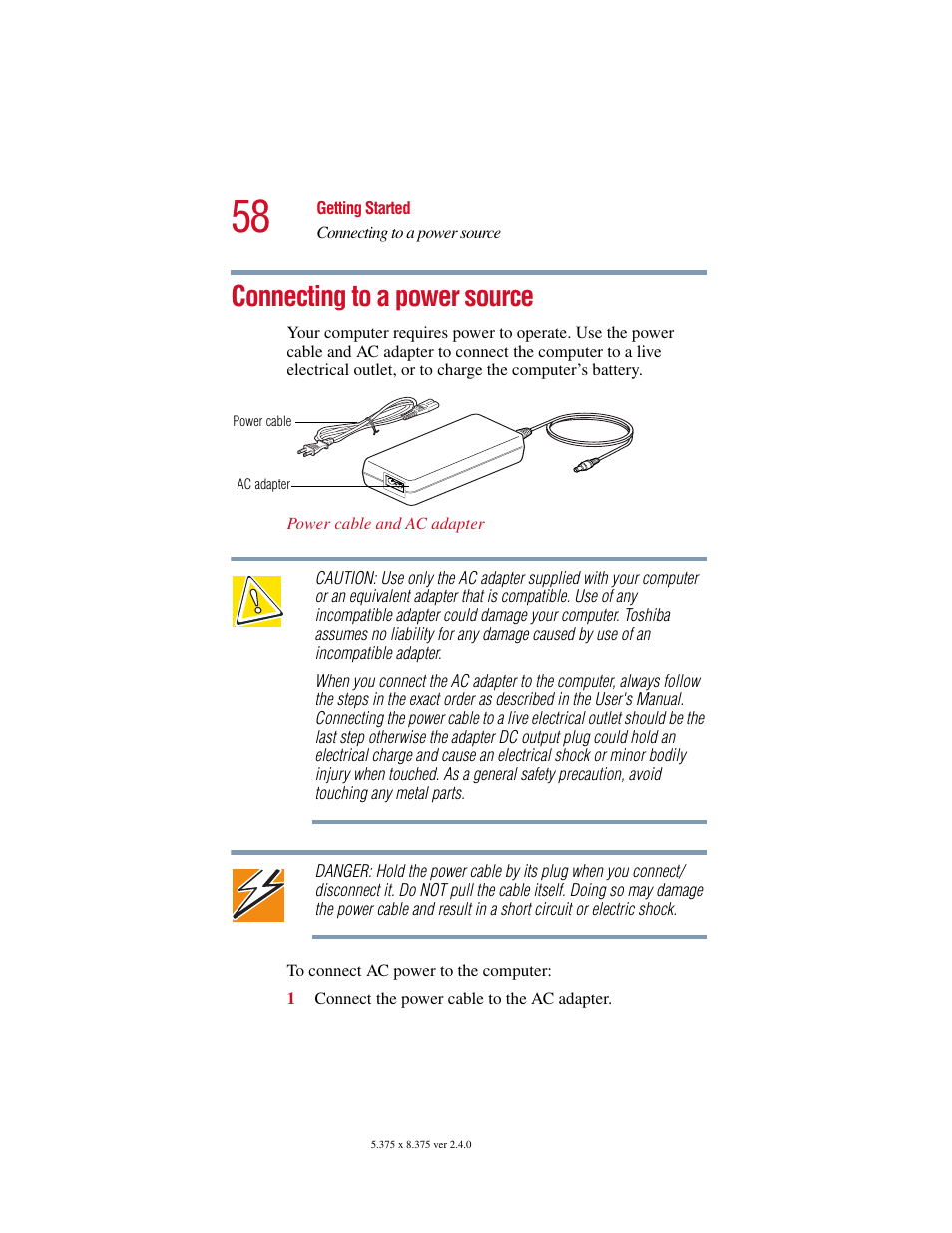 Connecting to a power source | Toshiba Satellite 2415 Series User Manual | Page 58 / 279