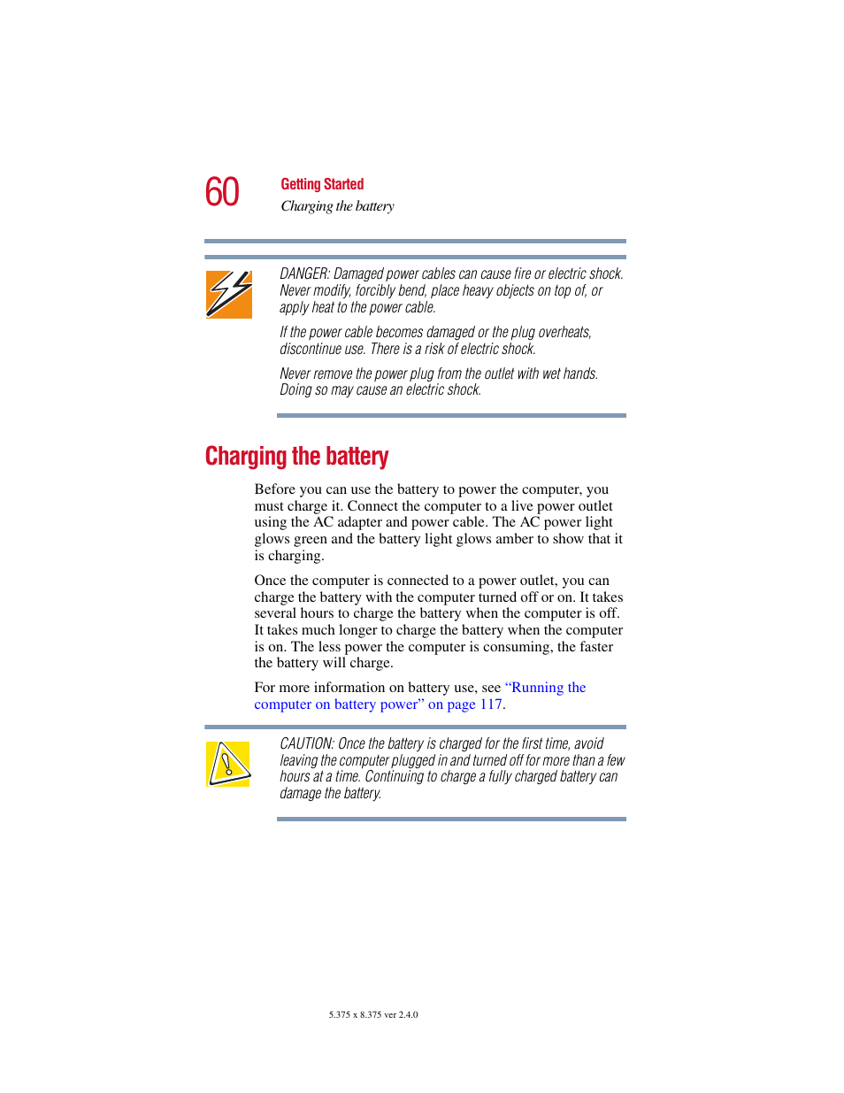 Charging the battery | Toshiba Satellite 2415 Series User Manual | Page 60 / 279