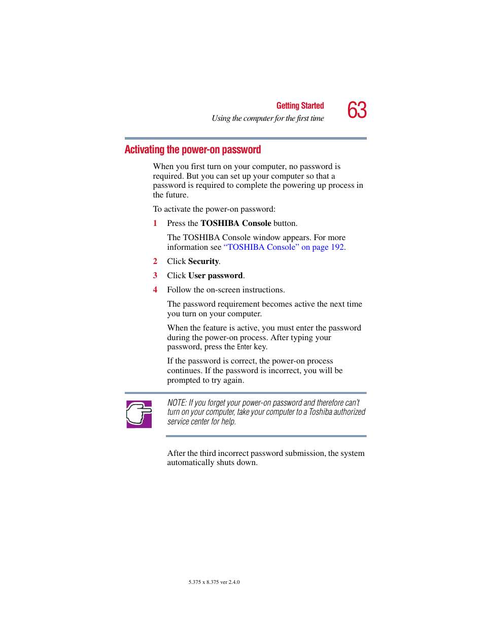 Activating the power-on password | Toshiba Satellite 2415 Series User Manual | Page 63 / 279