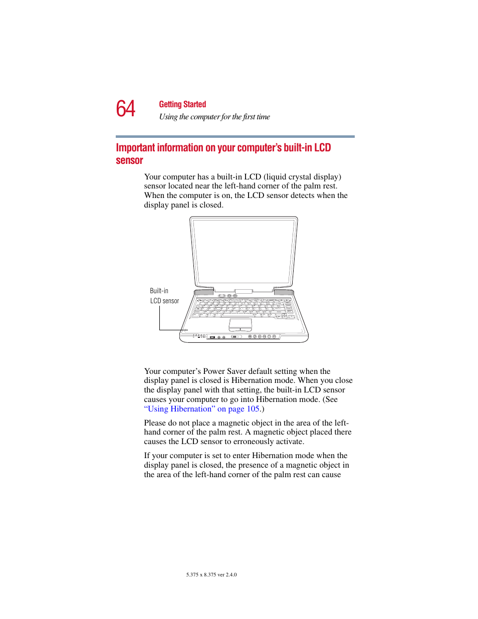 Important information, On your computer’s built-in lcd sensor, Important | Toshiba Satellite 2415 Series User Manual | Page 64 / 279
