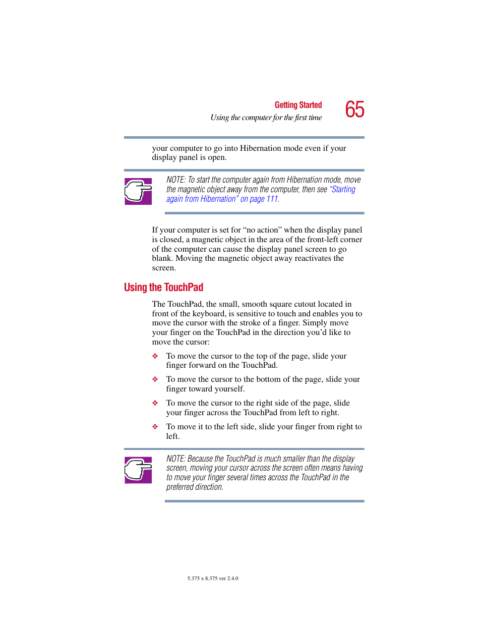 Using the touchpad, Using the | Toshiba Satellite 2415 Series User Manual | Page 65 / 279