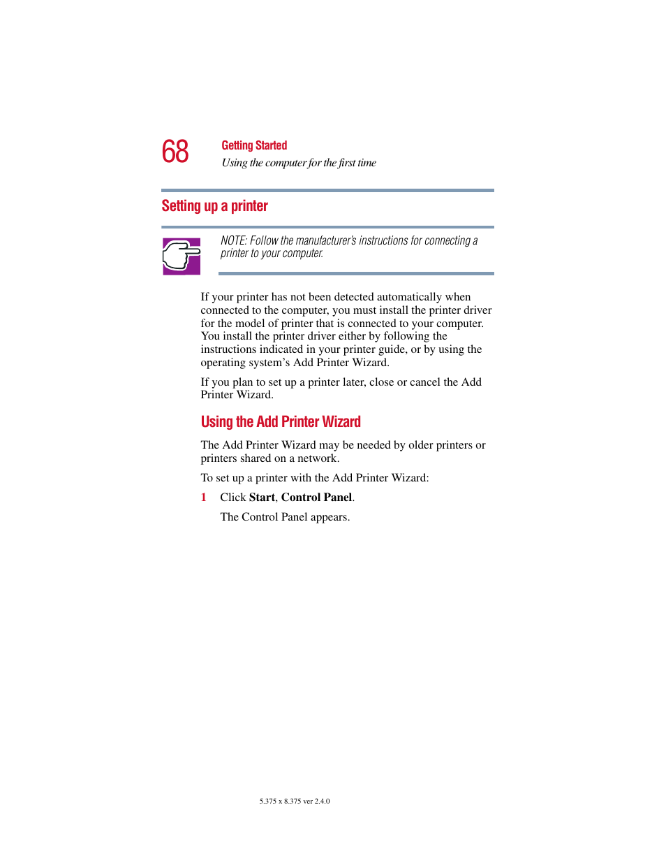 Setting up a printer | Toshiba Satellite 2415 Series User Manual | Page 68 / 279