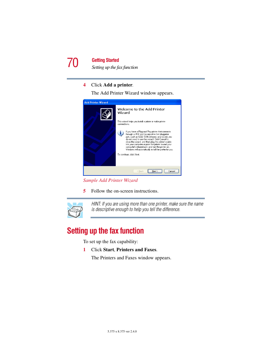 Setting up the fax function | Toshiba Satellite 2415 Series User Manual | Page 70 / 279