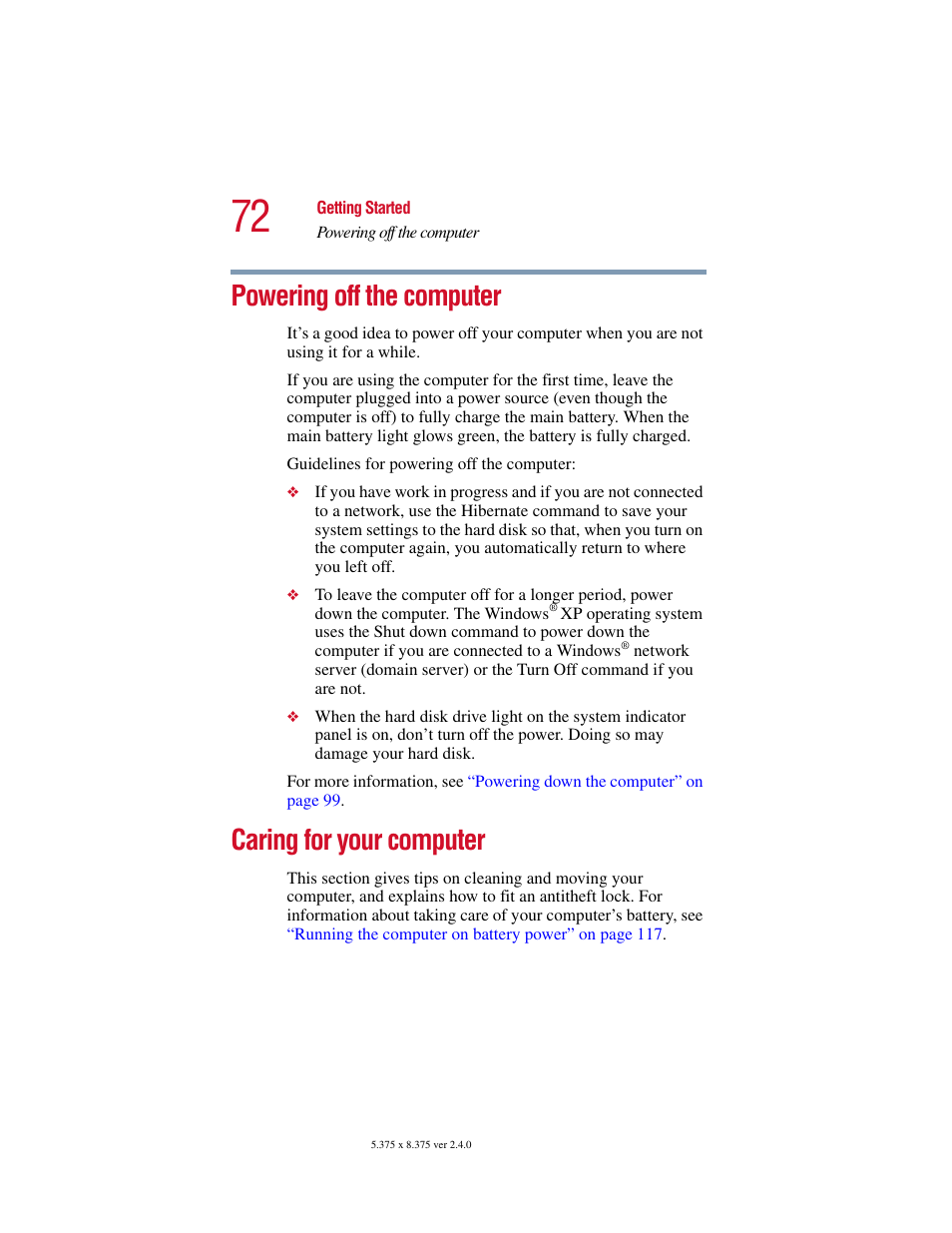 Powering off the computer, Caring for your computer | Toshiba Satellite 2415 Series User Manual | Page 72 / 279