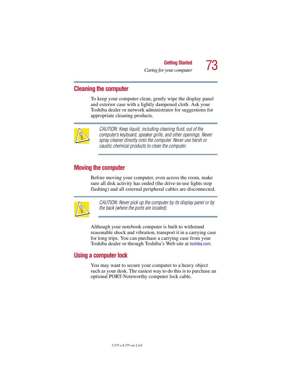 Cleaning the computer, Moving the computer, Using a computer lock | Toshiba Satellite 2415 Series User Manual | Page 73 / 279