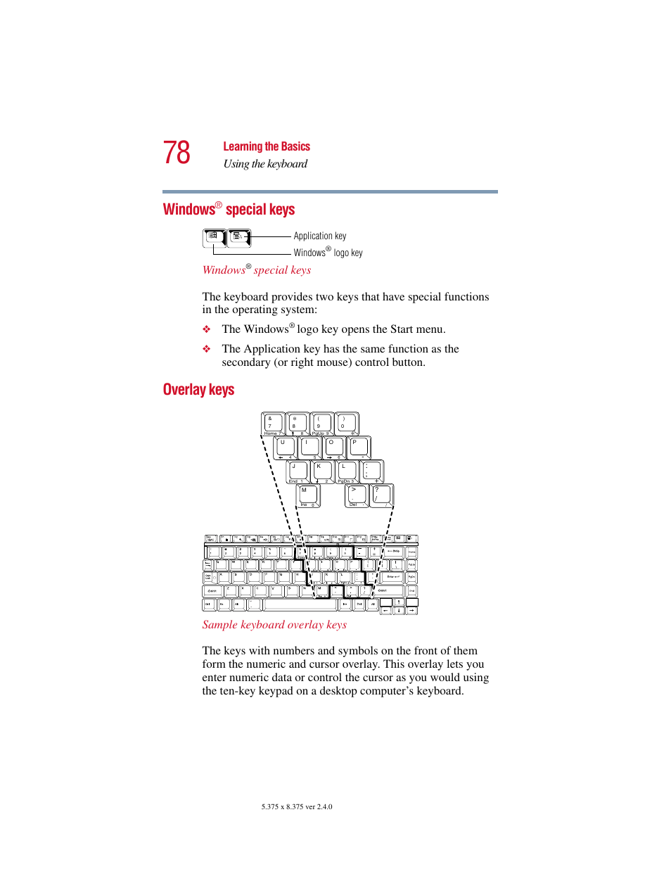 Windows® special keys, Overlay keys, Windows | Special keys, Learning the basics using the keyboard, The windows, Logo key opens the start menu, Logo key application key | Toshiba Satellite 2415 Series User Manual | Page 78 / 279