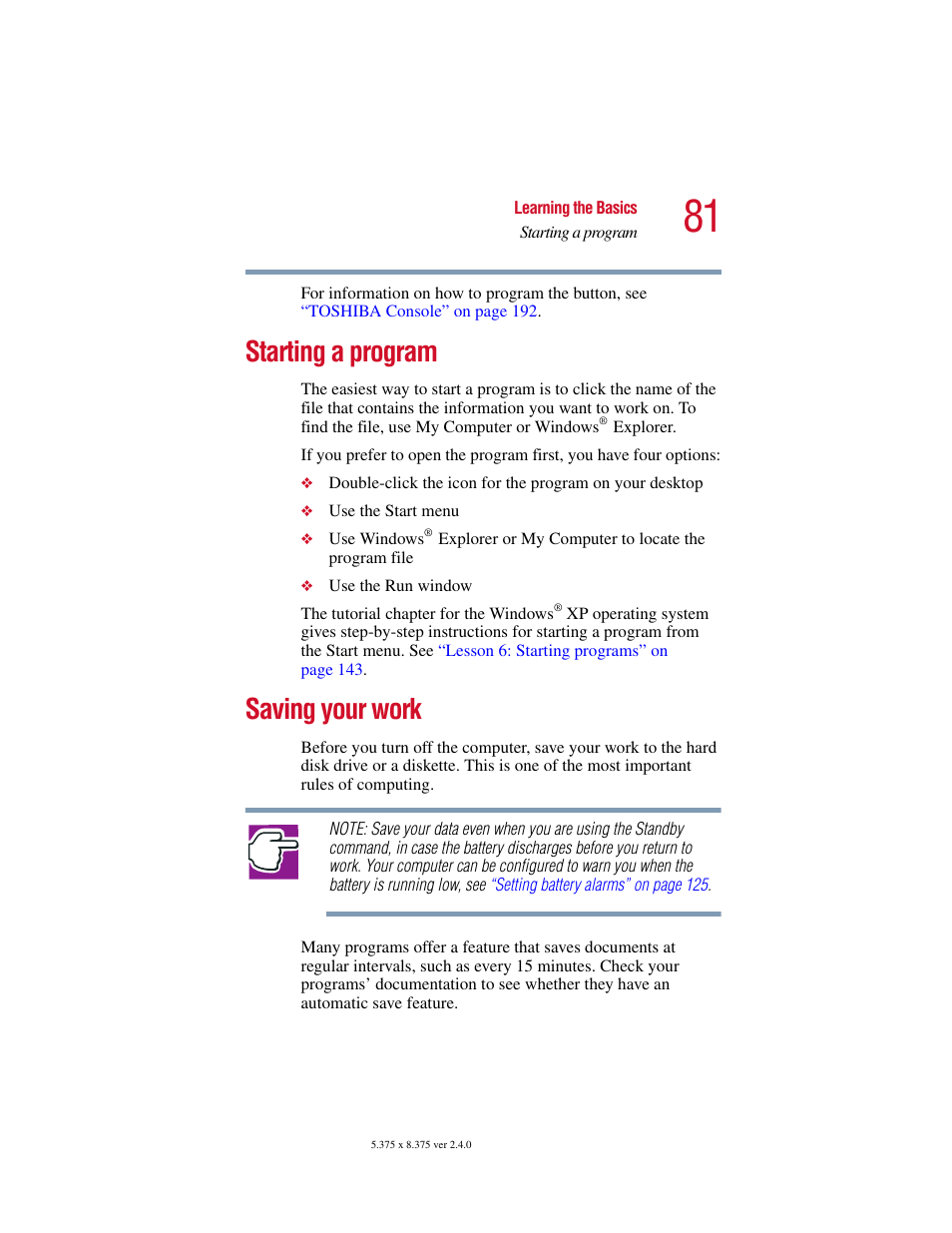 Starting a program, Saving your work, Starting a program saving your work | Toshiba Satellite 2415 Series User Manual | Page 81 / 279