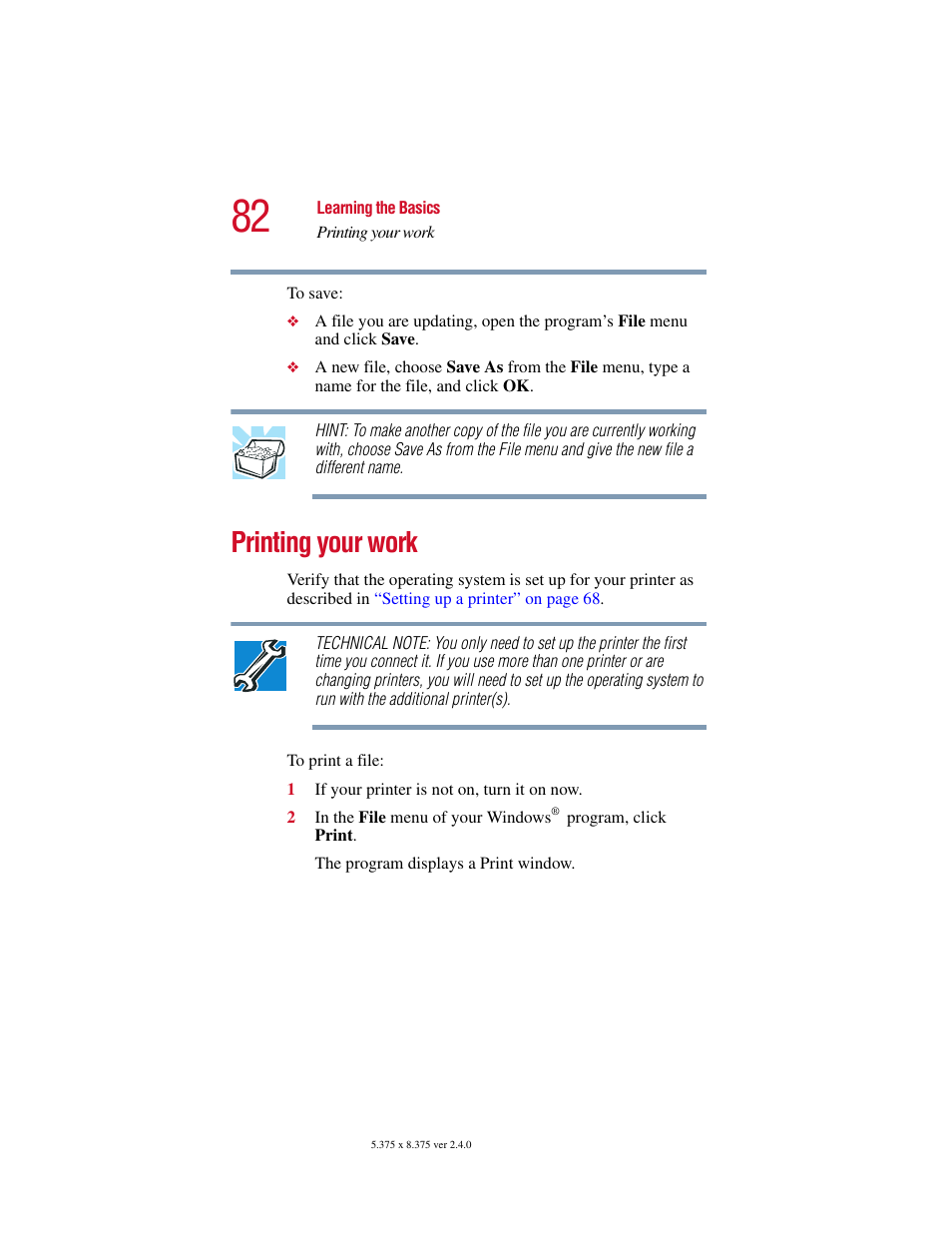 Printing your work | Toshiba Satellite 2415 Series User Manual | Page 82 / 279