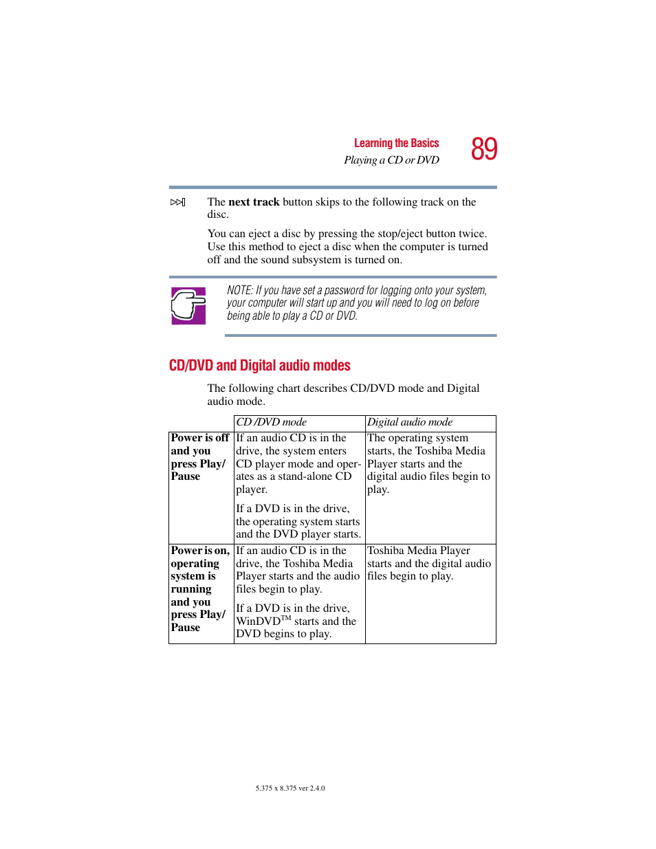 Cd/dvd and digital audio modes | Toshiba Satellite 2415 Series User Manual | Page 89 / 279