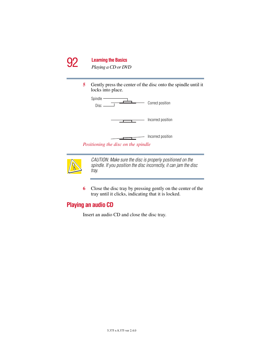 Playing an audio cd | Toshiba Satellite 2415 Series User Manual | Page 92 / 279