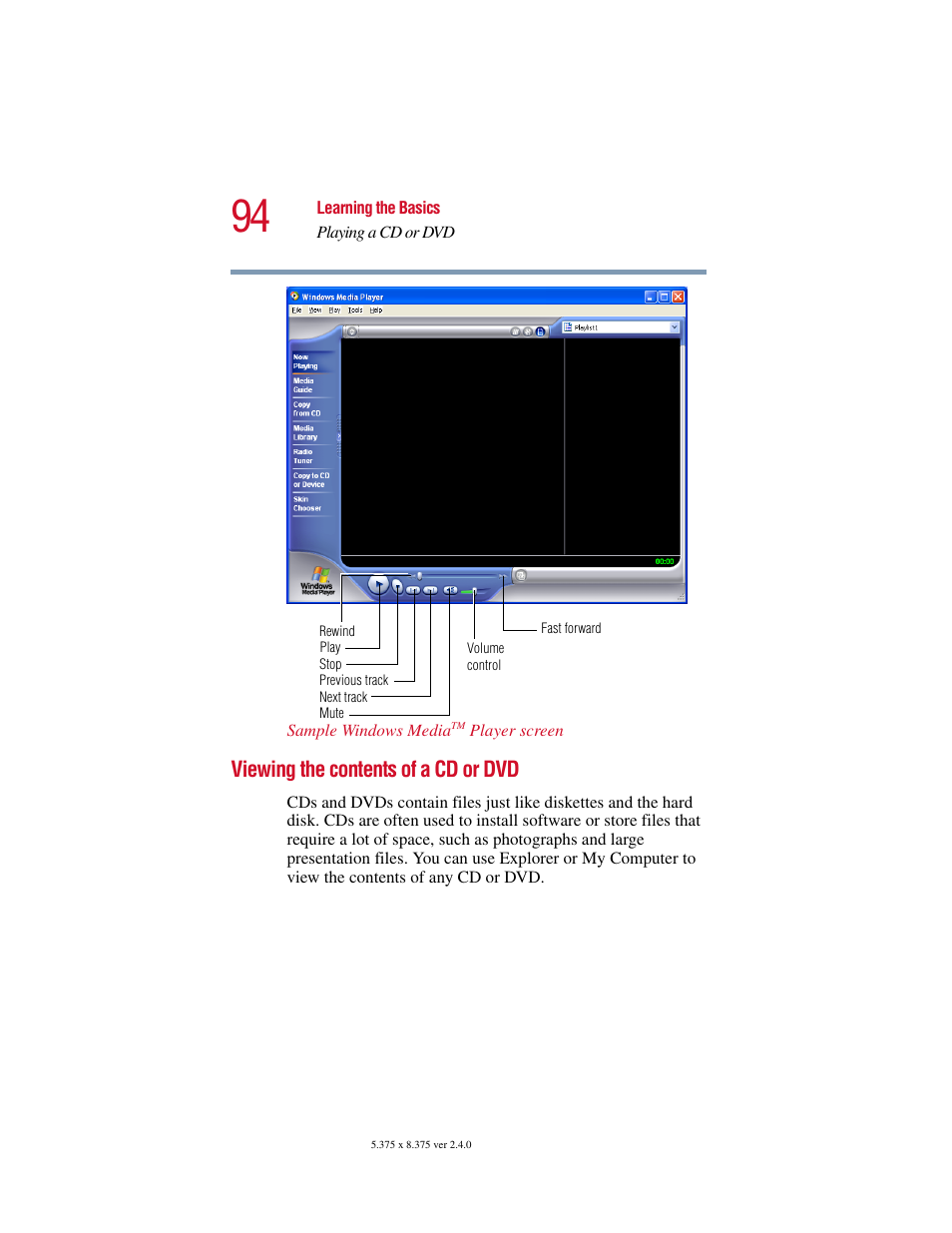 Viewing the contents of a cd or dvd | Toshiba Satellite 2415 Series User Manual | Page 94 / 279