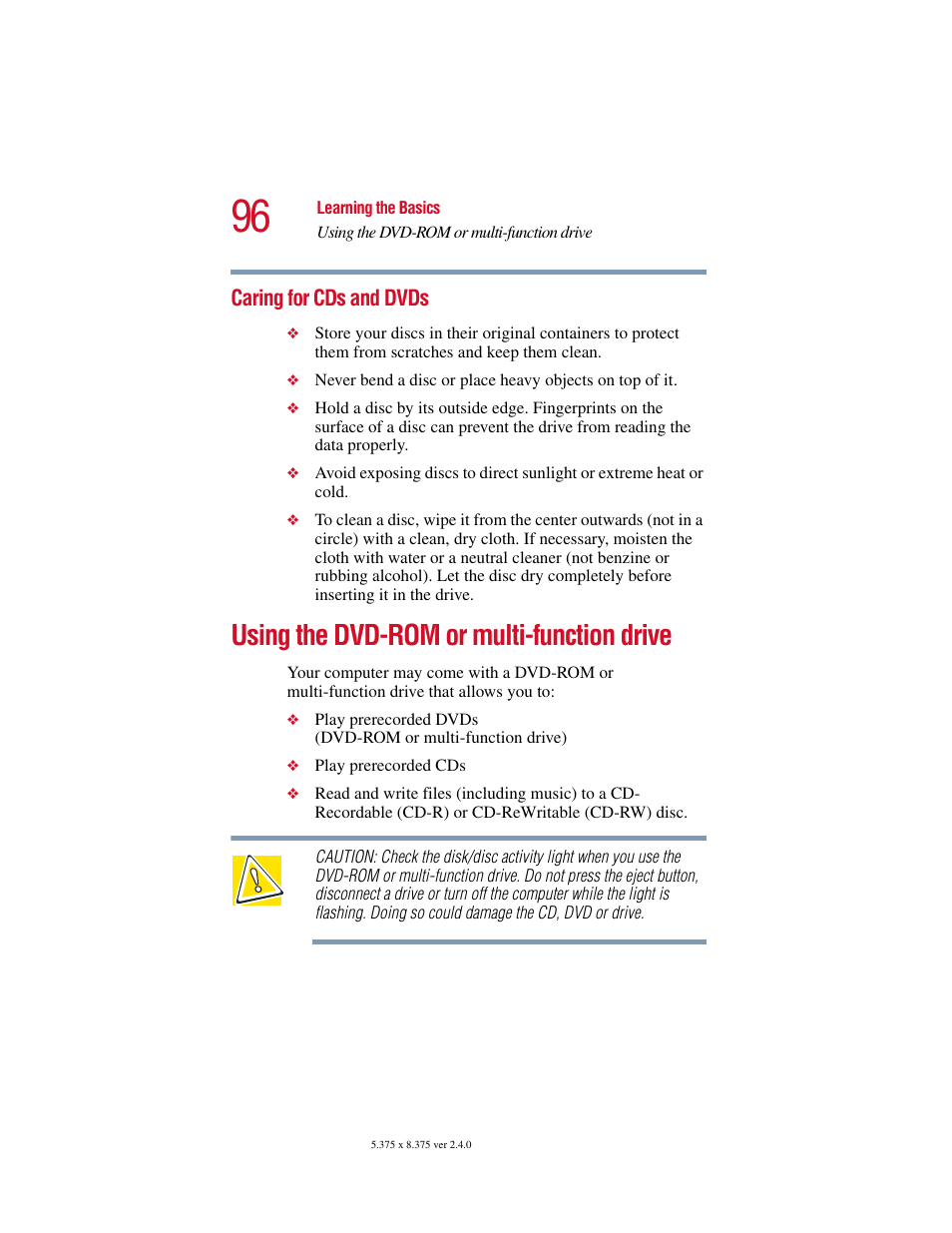 Caring for cds and dvds, Using the dvd-rom or multi-function drive | Toshiba Satellite 2415 Series User Manual | Page 96 / 279