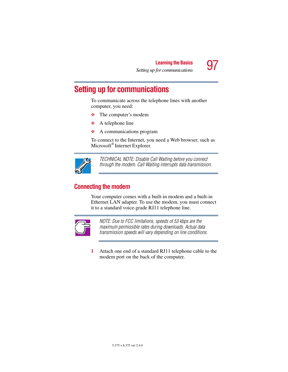 Setting up for communications, Connecting the modem | Toshiba Satellite 2415 Series User Manual | Page 97 / 279