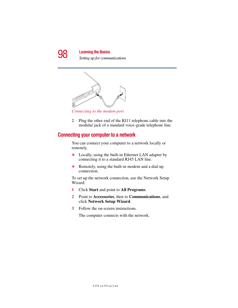 Connecting your computer to a network | Toshiba Satellite 2415 Series User Manual | Page 98 / 279