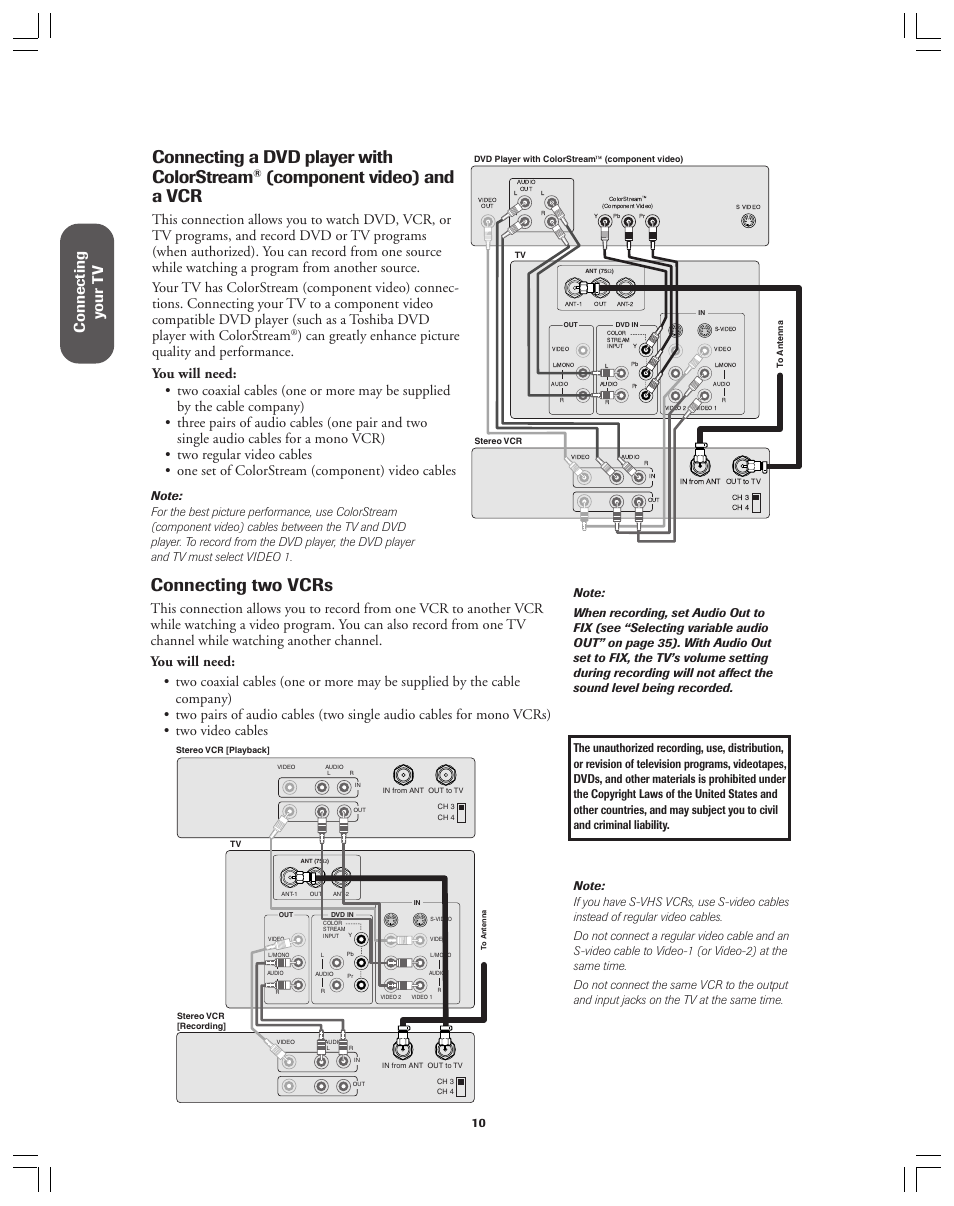 Connecting a dvd player with colorstream and vcr, Two vcrs, Connecting a dvd player with colorstream | Component video) and a vcr, Connecting two vcrs, Ref er ence, Connecting y our t v | Toshiba 36A12 User Manual | Page 10 / 41