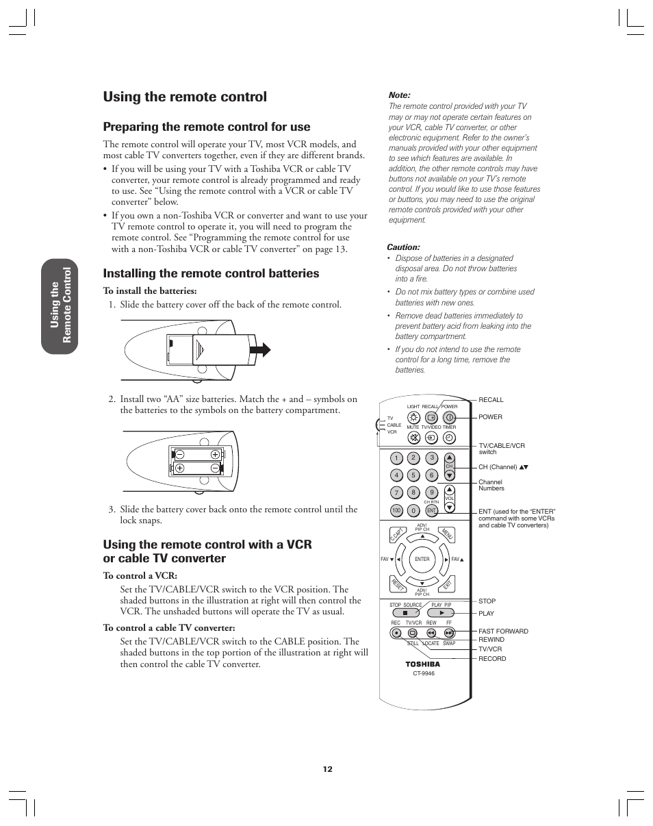 Using the remote control, Preparing for use, Using with a vcr or cable tv converter | Preparing the remote control for use, Installing the remote control batteries, Using the remote contr ol | Toshiba 36A12 User Manual | Page 12 / 41