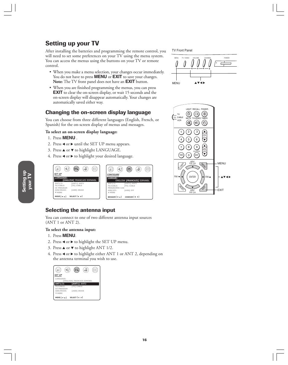 Setting up your tv, Changing the on-screen display language, Selecting the antenna input | Setting up y our t v, Until the set up menu appears. 3. press | Toshiba 36A12 User Manual | Page 16 / 41