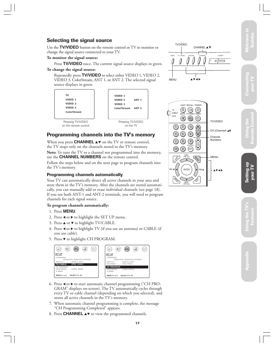 Selecting the signal source, Programming channels into the tv's memory, Ref er ence | Programming channels automatically, When you press channel, Press | Toshiba 36A12 User Manual | Page 17 / 41