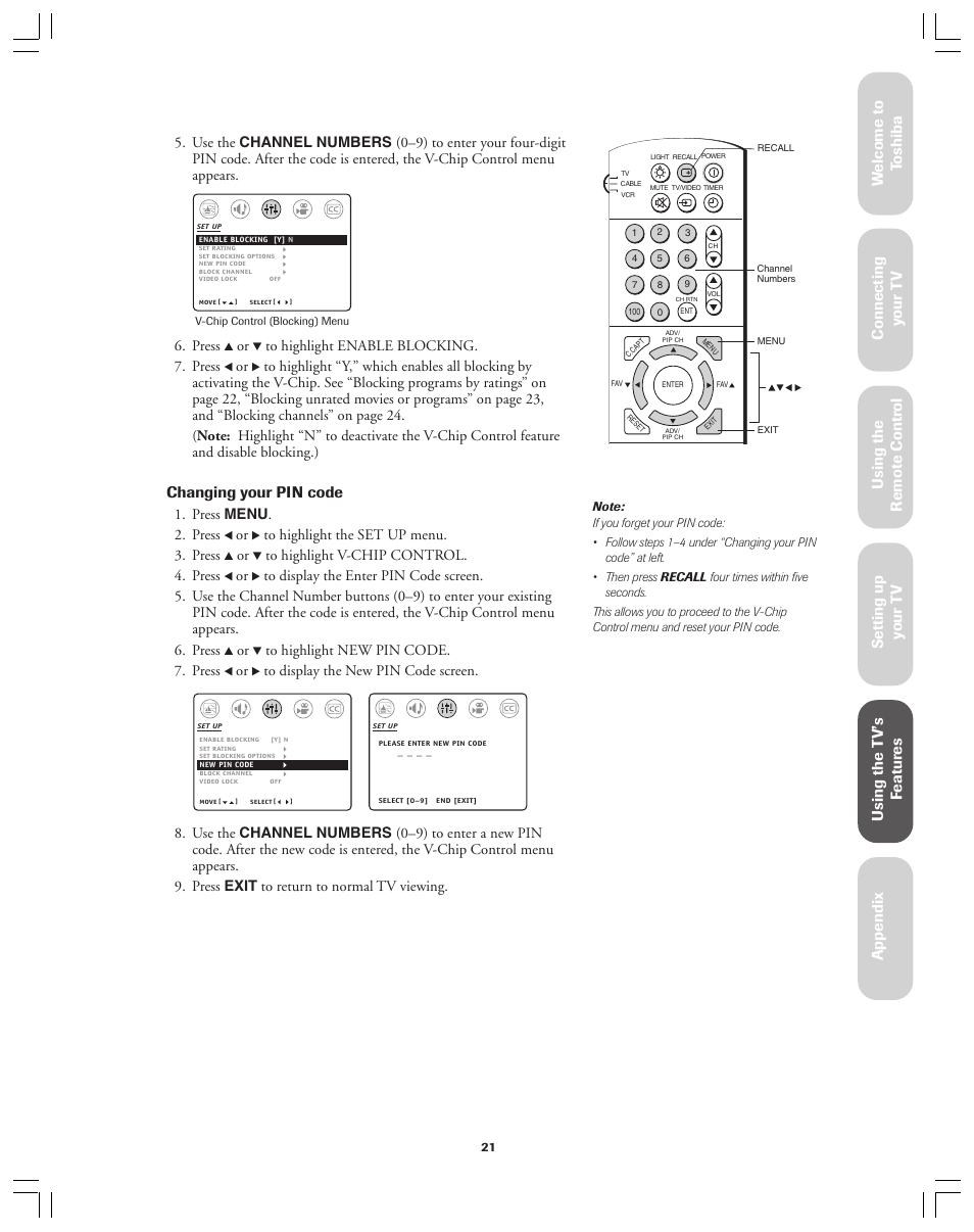 Ref er ence, Changing your pin code | Toshiba 36A12 User Manual | Page 21 / 41