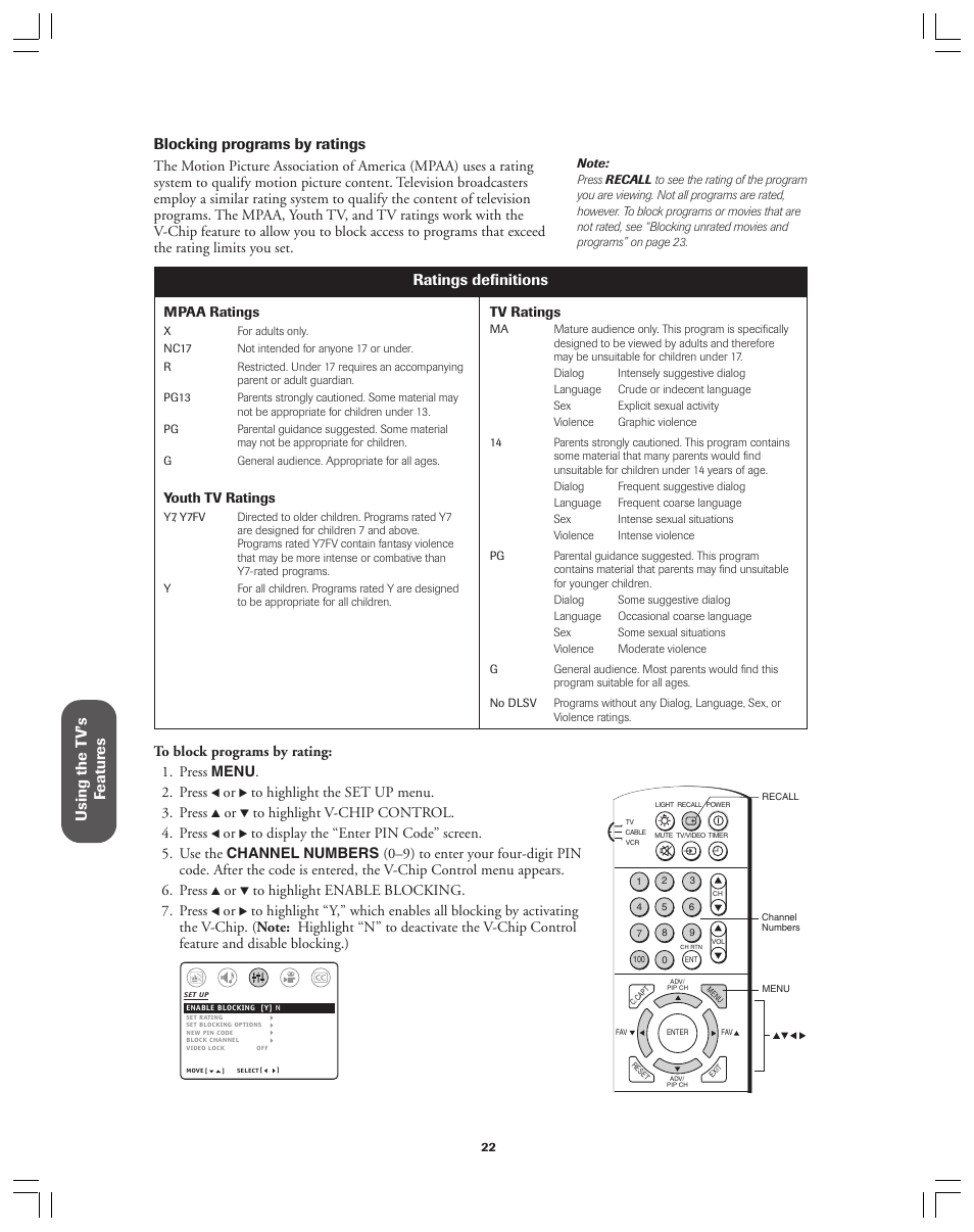 Using the t v’s f eatur es, Blocking programs by ratings, Ratings definitions | Toshiba 36A12 User Manual | Page 22 / 41