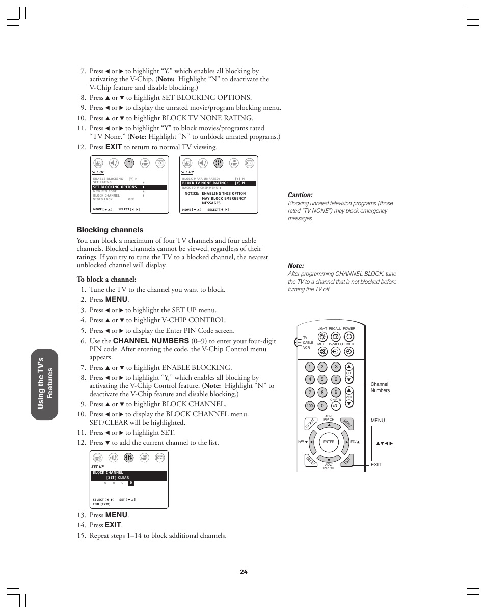 Using the t v’s f eatur es, Blocking channels, Press | Toshiba 36A12 User Manual | Page 24 / 41