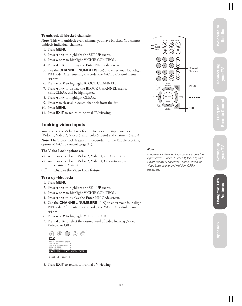 Locking video inputs, Ref er ence | Toshiba 36A12 User Manual | Page 25 / 41