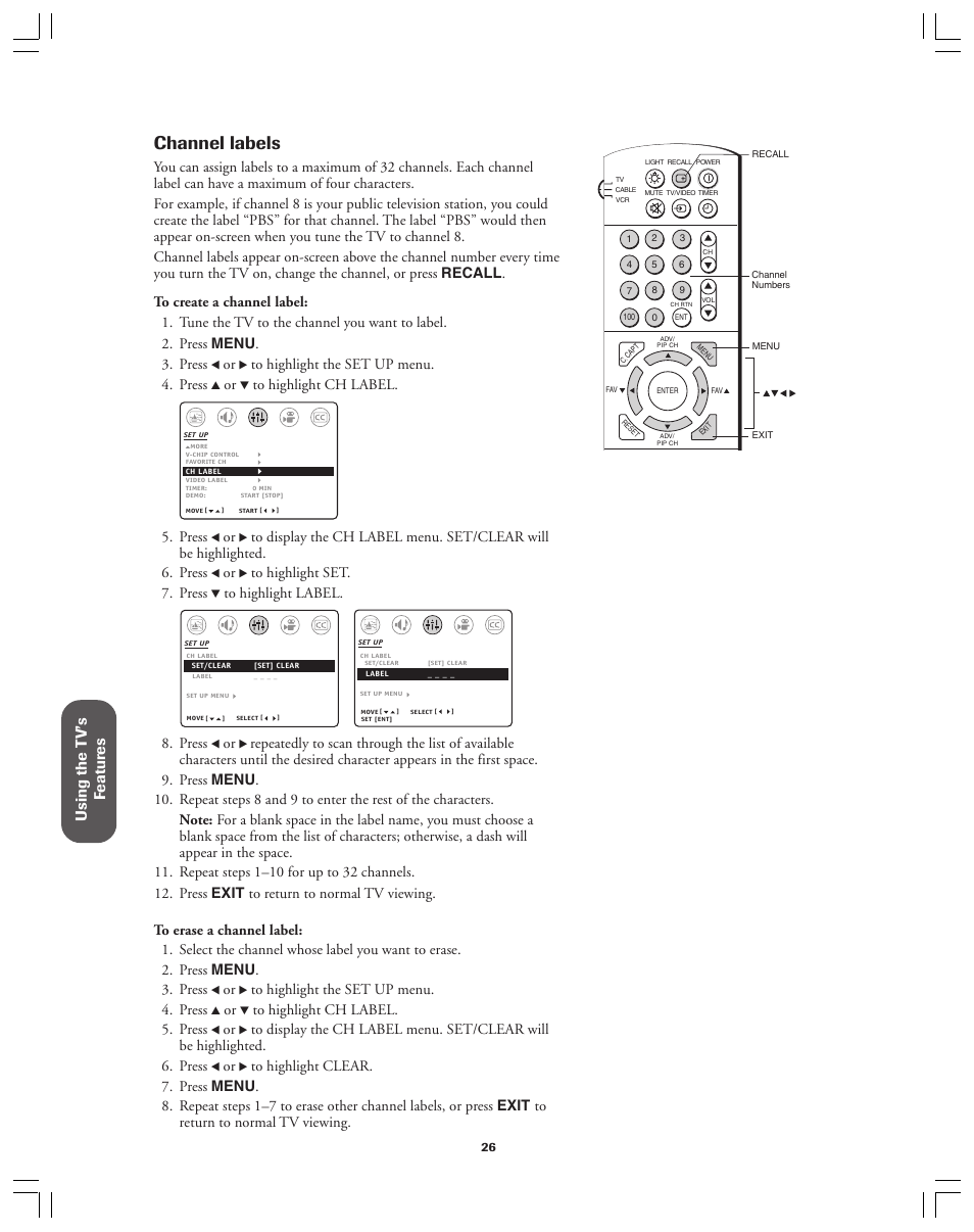 Channel labels, Using the t v’s f eatur es, Press | Toshiba 36A12 User Manual | Page 26 / 41