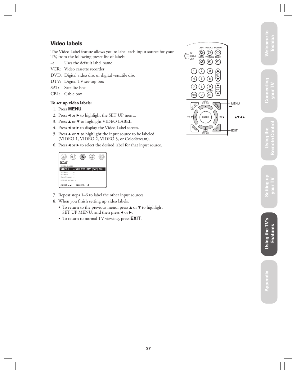 Video labels, Ref er ence | Toshiba 36A12 User Manual | Page 27 / 41