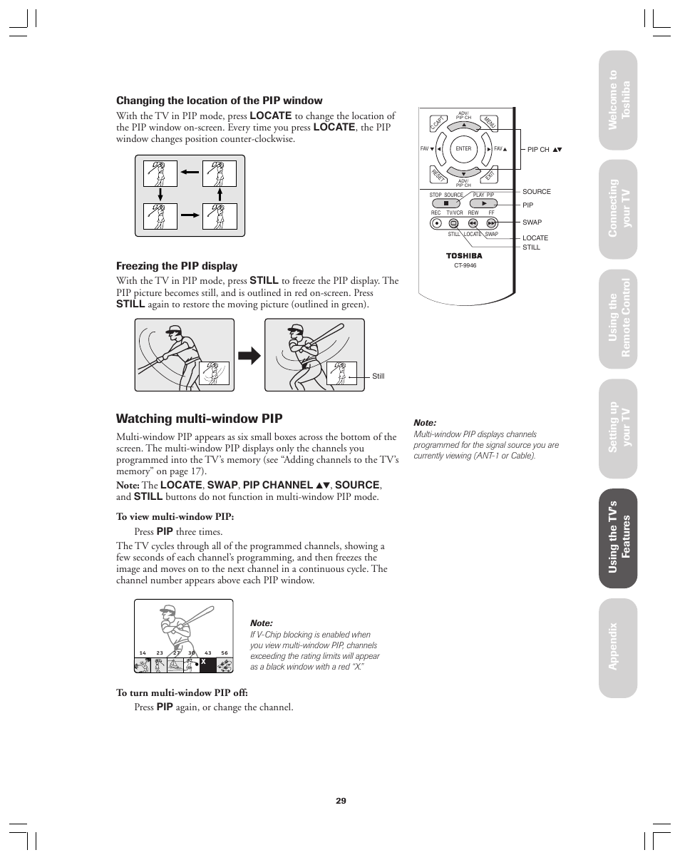 Multi-window pip, Watching multi-window pip, Ref er ence | Freezing the pip display | Toshiba 36A12 User Manual | Page 29 / 41