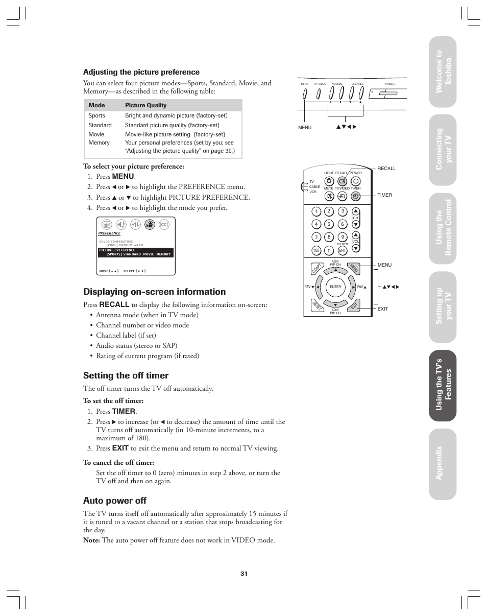 Displaying on-screen information, Setting the off timer - auto power off, Setting the off timer | Auto power off, Ref er ence | Toshiba 36A12 User Manual | Page 31 / 41