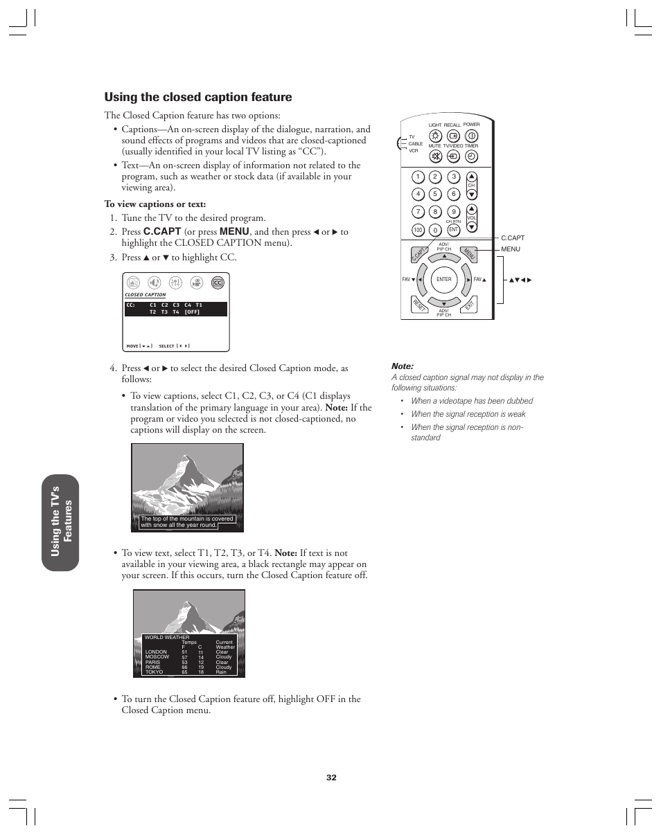 Closed caption, Using the closed caption feature, Using the t v’s f eatur es | Press | Toshiba 36A12 User Manual | Page 32 / 41