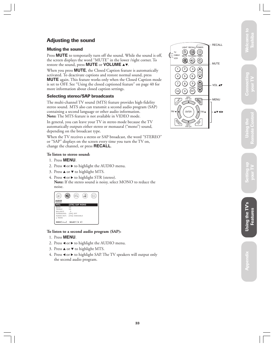 Adjusting the sound, Ref er ence, Muting the sound | Selecting stereo/sap broadcasts | Toshiba 36A12 User Manual | Page 33 / 41