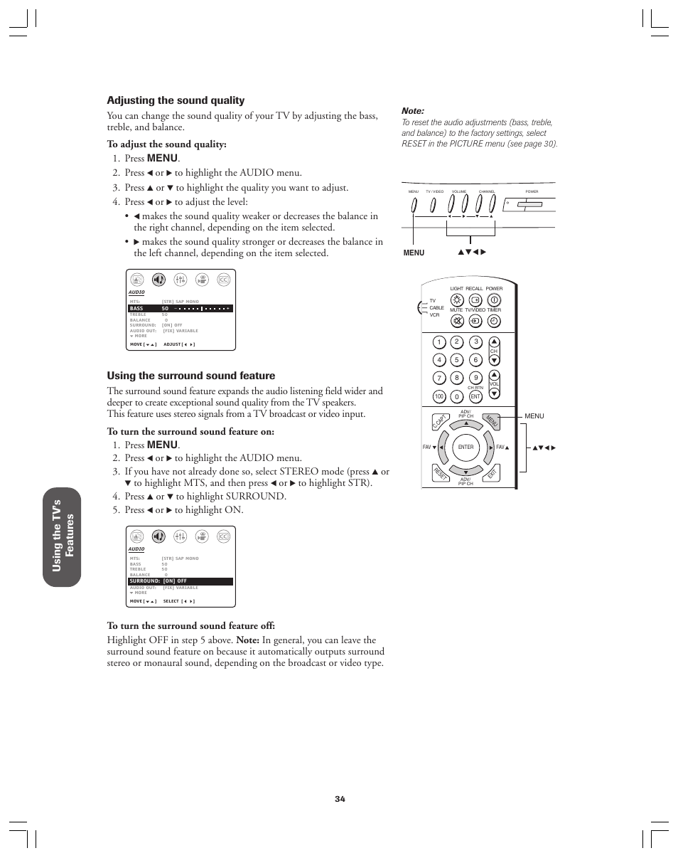 Using the surround sound feature | Toshiba 36A12 User Manual | Page 34 / 41