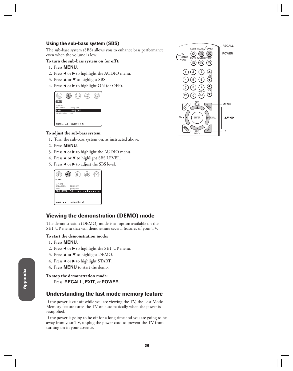 Demonstration mode, Viewing the demonstration (demo) mode, Ref er ence | Appendix, Using the sub-bass system (sbs) | Toshiba 36A12 User Manual | Page 36 / 41