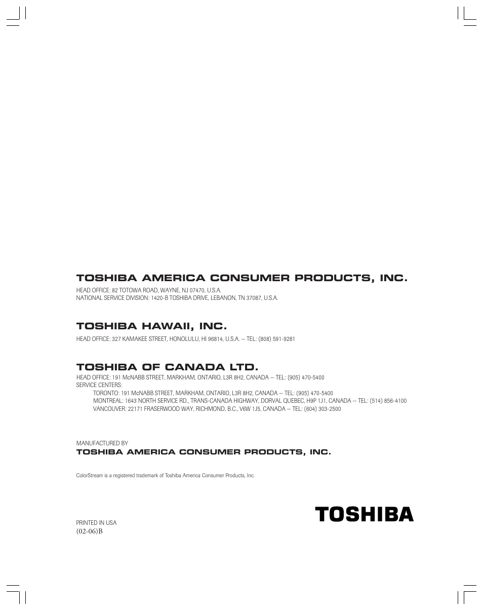 Back cover, Toshiba of canada ltd, Toshiba hawaii, inc | Toshiba america consumer products, inc | Toshiba 36A12 User Manual | Page 41 / 41