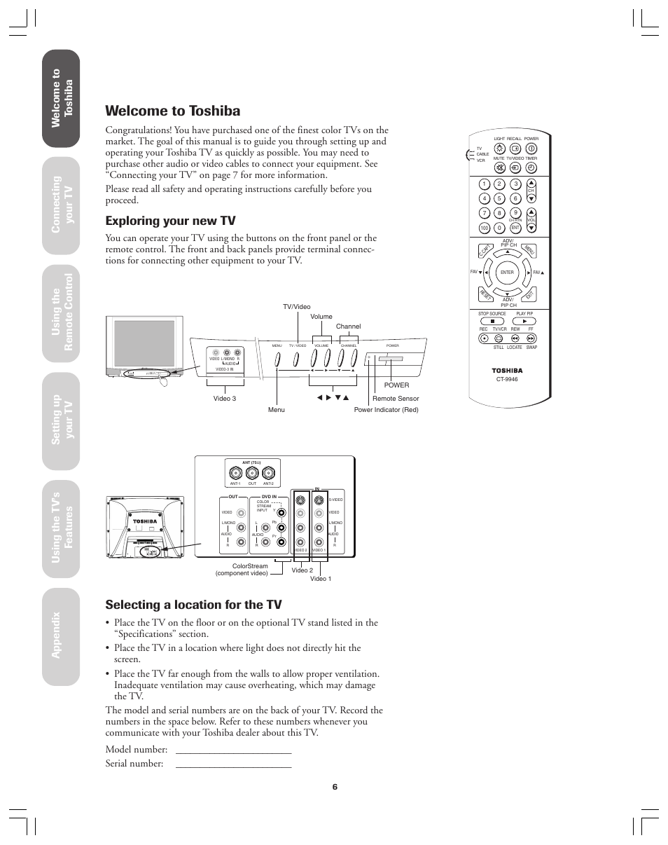 Welcome, Welcome to toshiba, Exploring your new tv | Selecting a location for the tv, Ref er ence | Toshiba 36A12 User Manual | Page 6 / 41