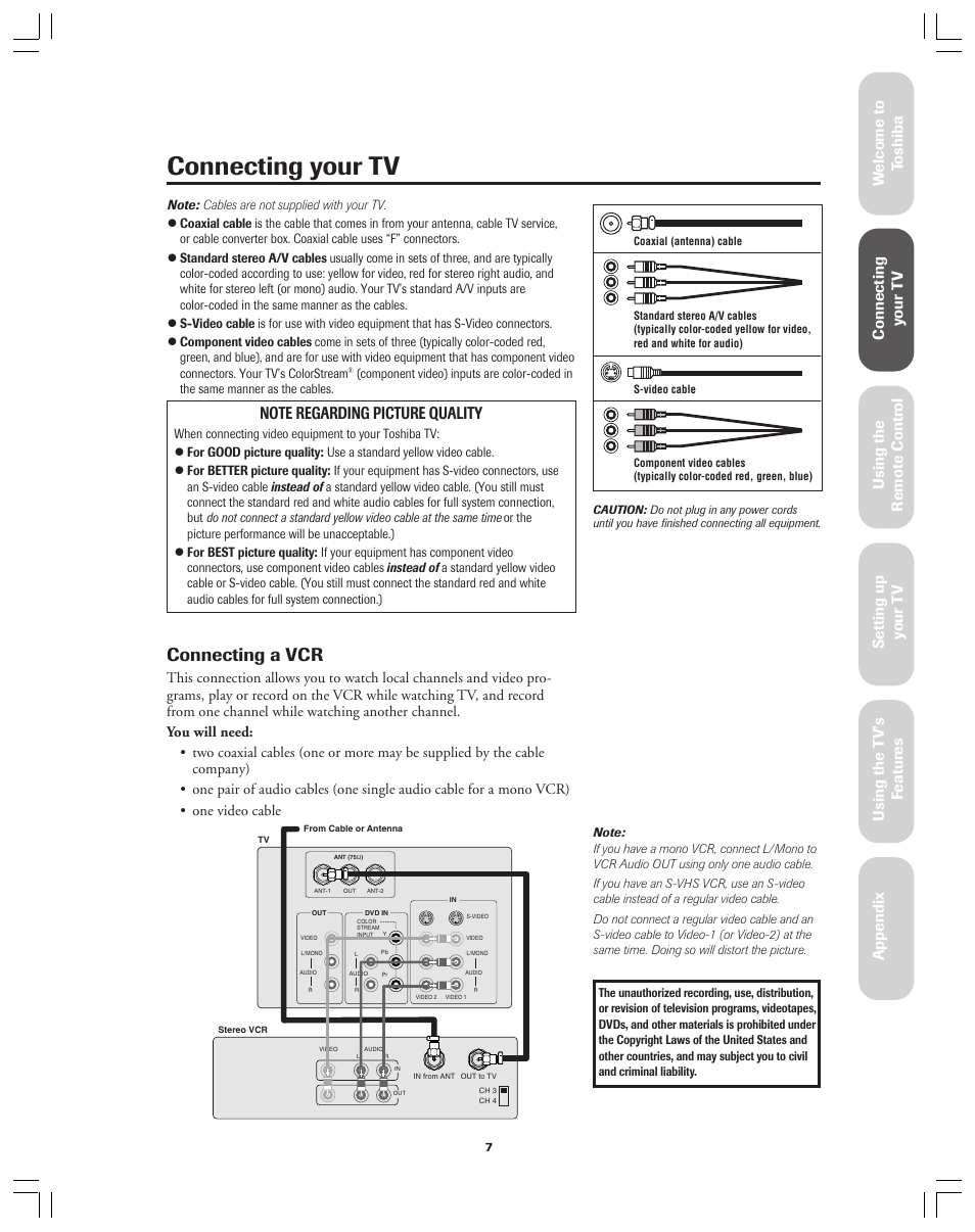 Connecting your tv, Connecting a vcr, Ref er ence | Toshiba 36A12 User Manual | Page 7 / 41