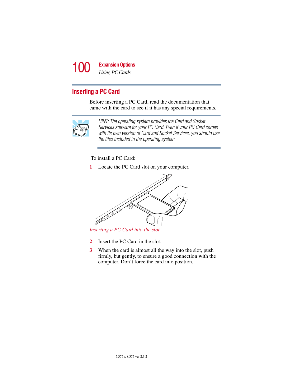 Inserting a pc card | Toshiba VIRTUALTECH C6609-1201M1 User Manual | Page 100 / 209