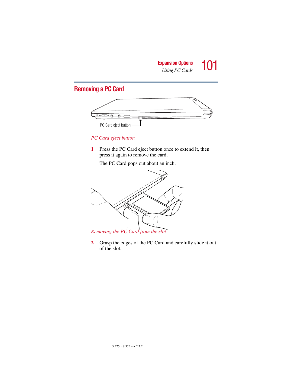 Removing a pc card | Toshiba VIRTUALTECH C6609-1201M1 User Manual | Page 101 / 209