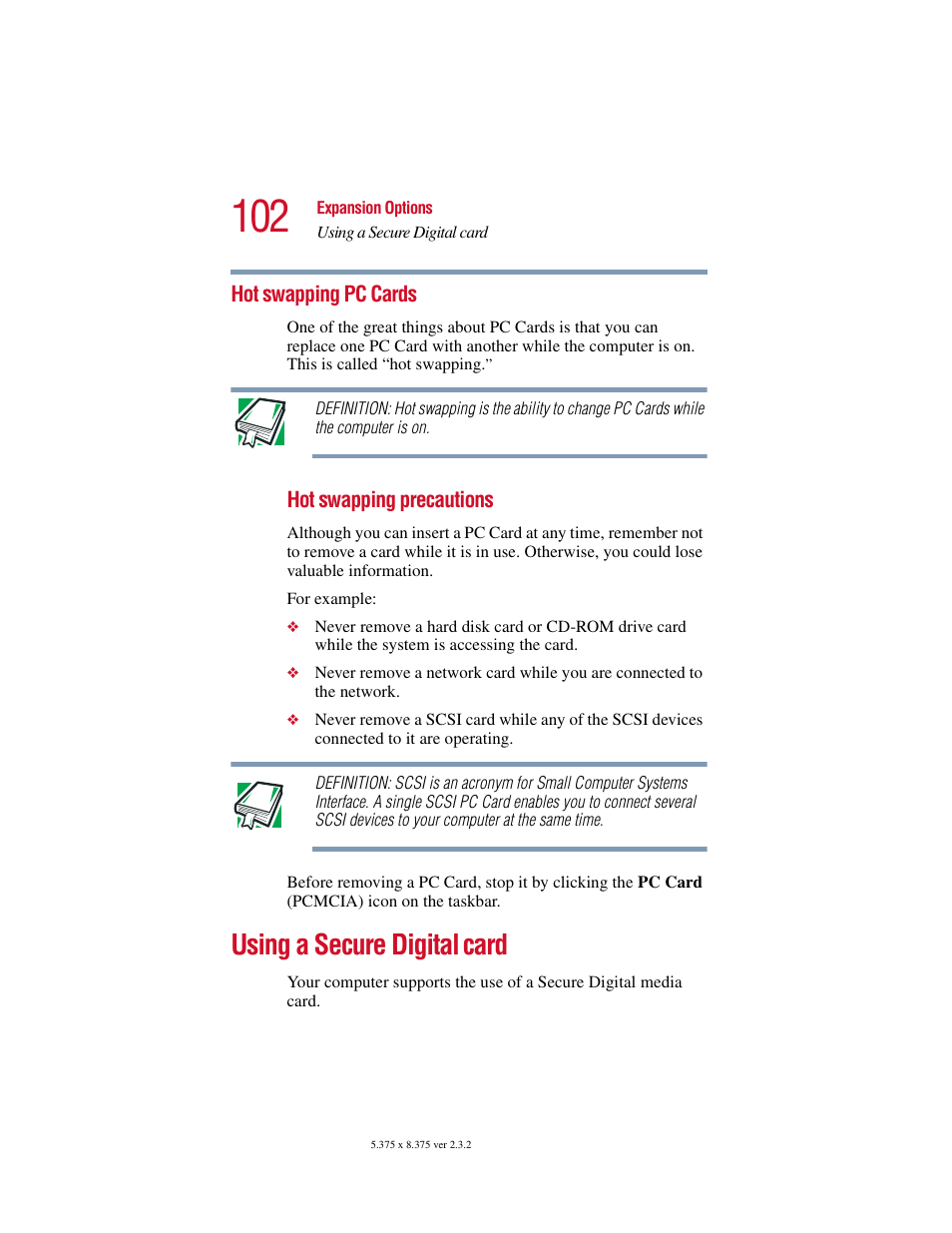 Hot swapping pc cards, Using a secure digital card, Using a secure digital | Card | Toshiba VIRTUALTECH C6609-1201M1 User Manual | Page 102 / 209