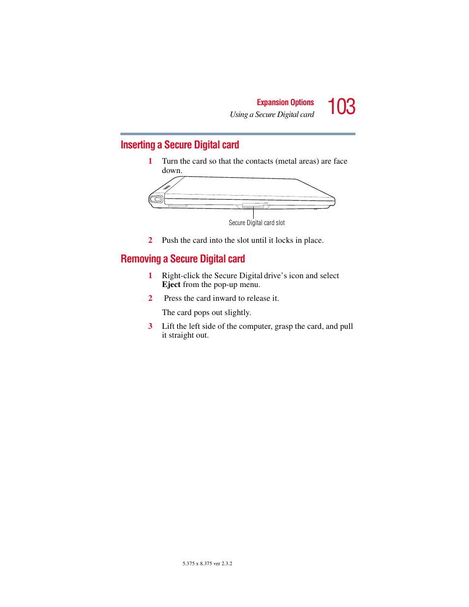 Inserting a secure digital card, Removing a secure digital card | Toshiba VIRTUALTECH C6609-1201M1 User Manual | Page 103 / 209