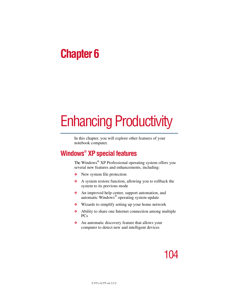 Chapter 6: enhancing productivity, Windows® xp special features, Windows | Enhancing productivity, Chapter 6, Xp special features | Toshiba VIRTUALTECH C6609-1201M1 User Manual | Page 104 / 209