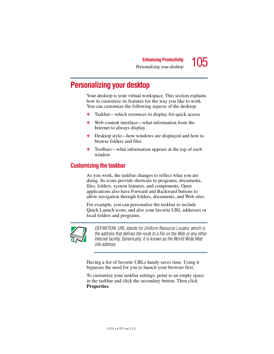 Personalizing your desktop, Customizing the taskbar | Toshiba VIRTUALTECH C6609-1201M1 User Manual | Page 105 / 209